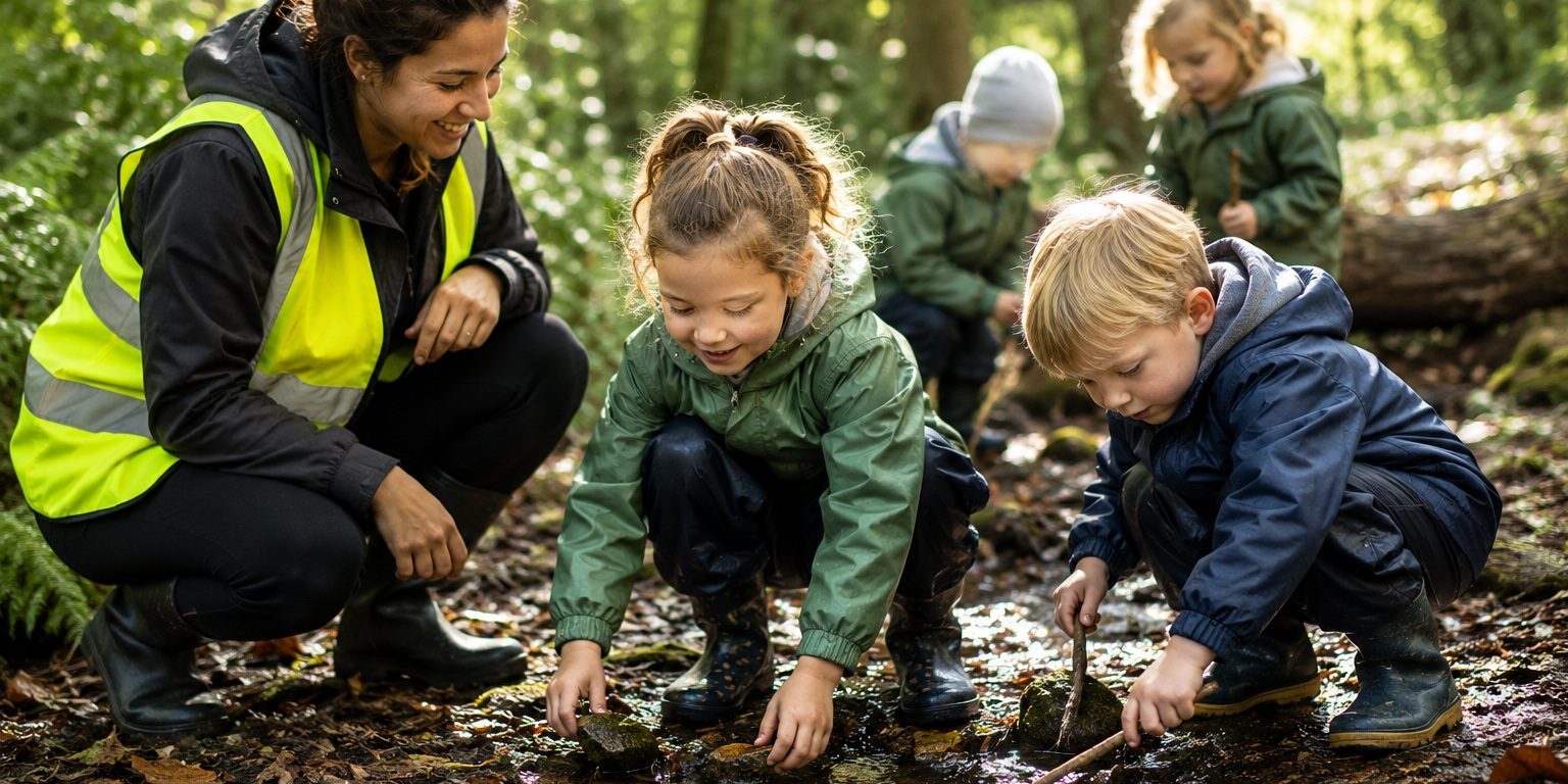 How Outdoor Time Supports Mental Health and Emotional Regulation Children exploring outdoors with a kaiako in a nature-based childcare setting in Papakura, supporting emotional regulation and wellbeing
