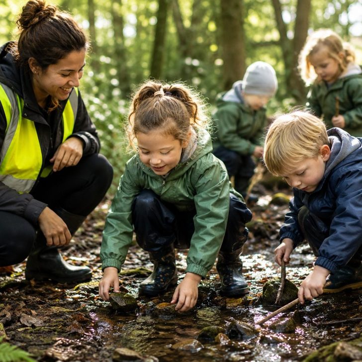 How Outdoor Time Supports Mental Health and Emotional Regulation Children exploring outdoors with a kaiako in a nature-based childcare setting in Papakura, supporting emotional regulation and wellbeing