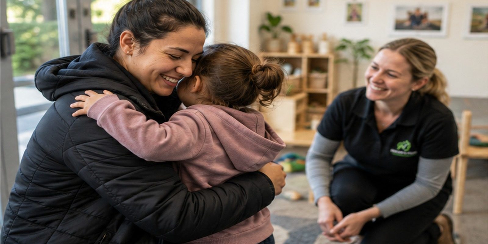 Settling Into Daycare at Nature’s Point Childcare Papakura Parent and child sharing a warm daycare drop-off moment with a kaiako in Papakura, supporting a positive settling-in experience