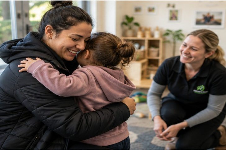 Settling Into Daycare at Nature’s Point Childcare Papakura Parent and child sharing a warm daycare drop-off moment with a kaiako in Papakura, supporting a positive settling-in experience