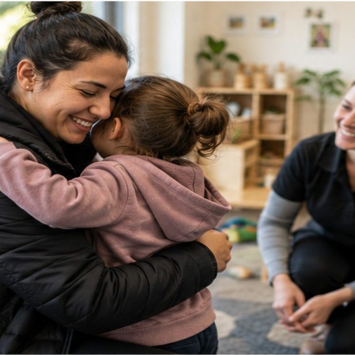 Settling Into Daycare at Nature’s Point Childcare Papakura Parent and child sharing a warm daycare drop-off moment with a kaiako in Papakura, supporting a positive settling-in experience