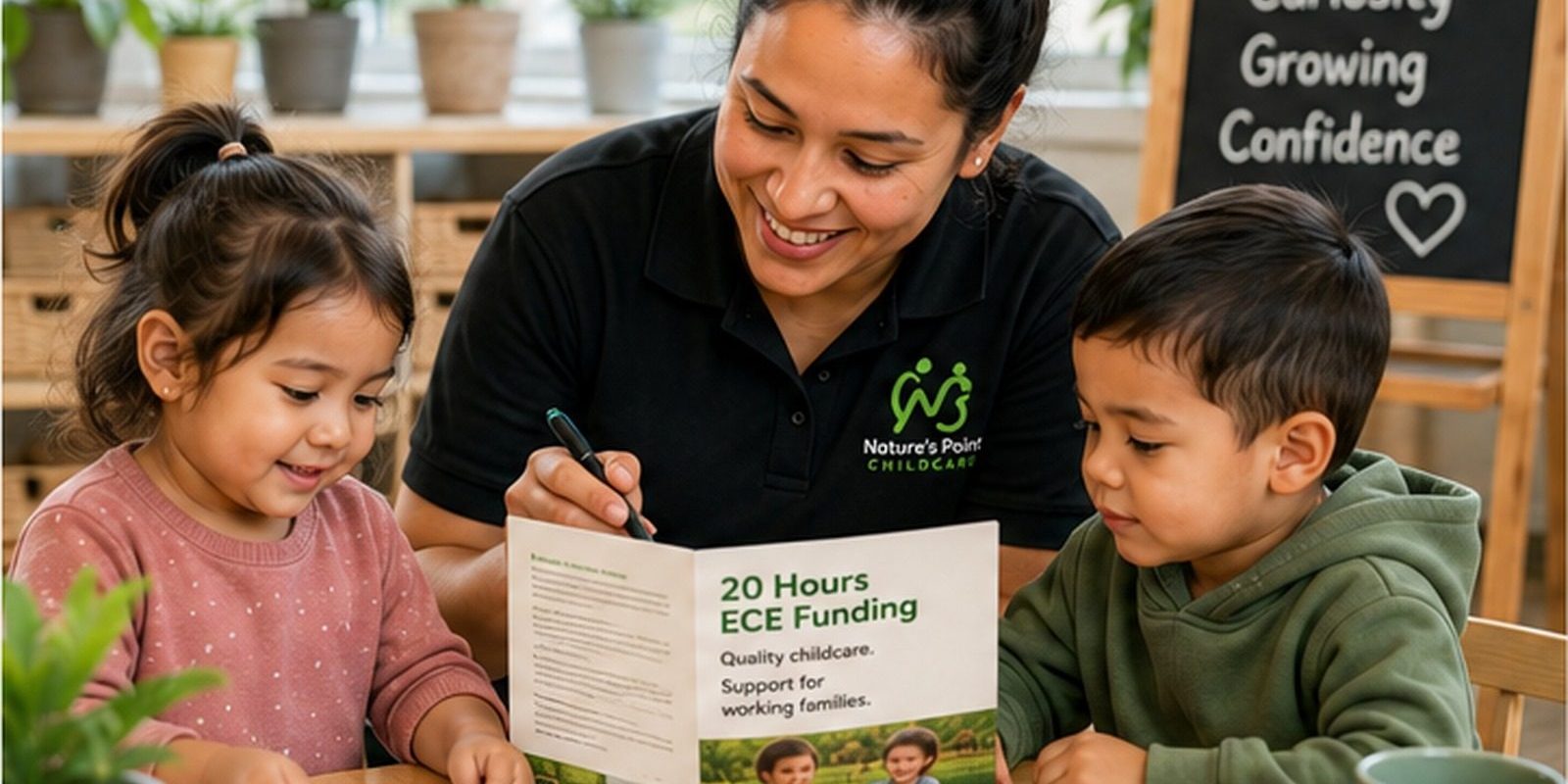 20 Hours ECE Funding Explained for Papakura Families Kaiako explaining 20 Hours ECE funding to a family at Nature’s Point childcare in Papakura
