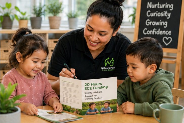 20 Hours ECE Funding Explained for Papakura Families Kaiako explaining 20 Hours ECE funding to a family at Nature’s Point childcare in Papakura