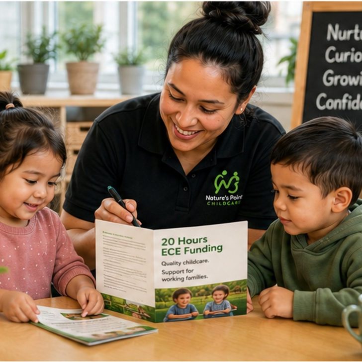 20 Hours ECE Funding Explained for Papakura Families Kaiako explaining 20 Hours ECE funding to a family at Nature’s Point childcare in Papakura